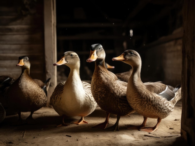 Un grupo de patos en un granero ai generativo.