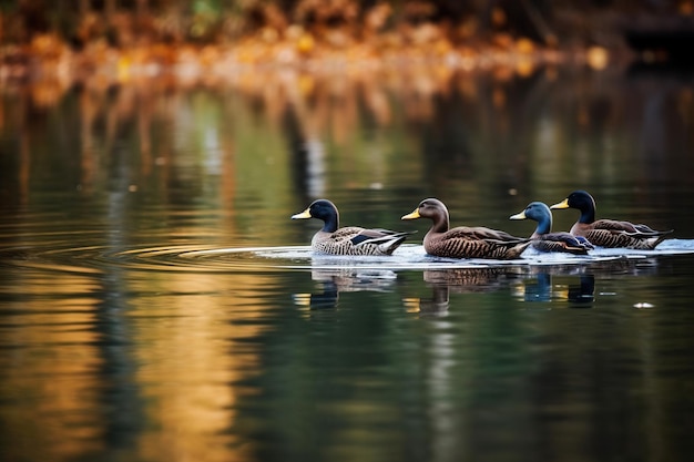 Un grupo de patos nadando en un lago tranquilo