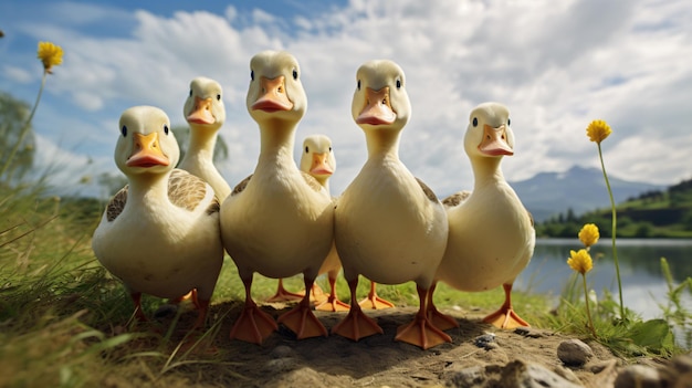 Grupo de patos de pie uno al lado del otro