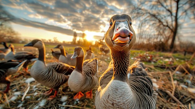 Un grupo de patos de pie en un campo de tierra