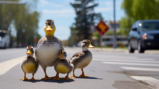 Un grupo de patos de pie juntos en el lado de una carretera