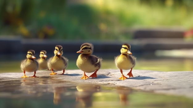Foto un grupo de patos sobre una roca en un estanque
