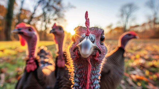 Un grupo de pavos de pie uno al lado del otro en una muestra de solidaridad y fuerza exhibiendo su plumaje con orgullo