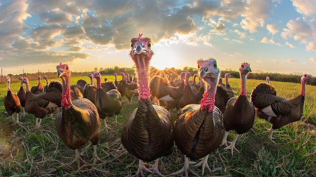 Un grupo de pavos de pie en una fila mostrando su colorido plumaje y intrincados patrones de plumas