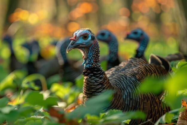 Foto un grupo de pavos salvajes que se alimentan a través de los matorrales susurrando hojas a cada paso