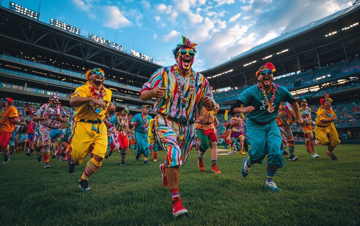 Un grupo de payasos corriendo en un campo de fútbol durante un juego