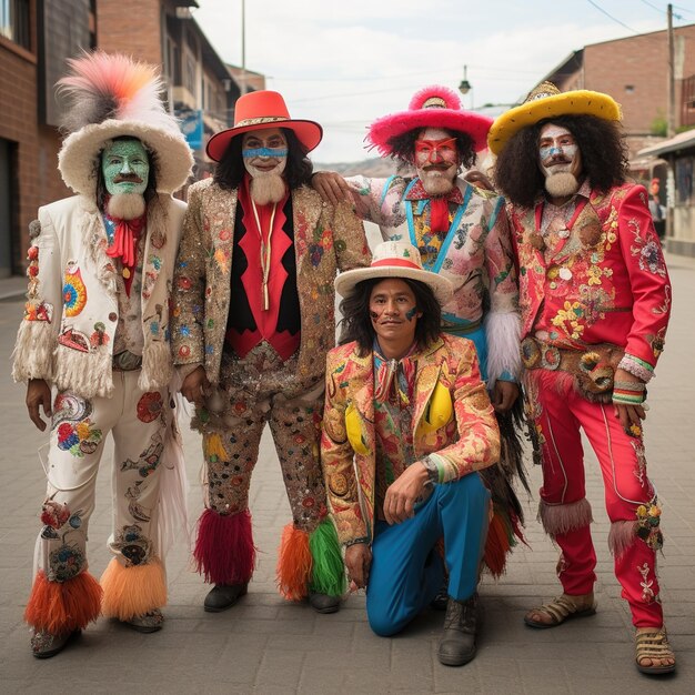 Foto un grupo de payasos con uno que lleva un traje colorido