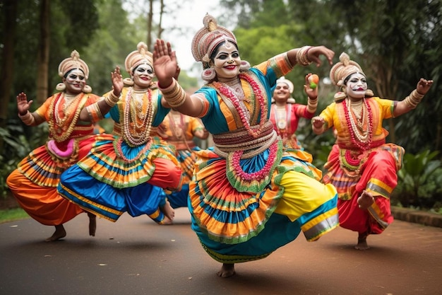 un grupo de payasos con trajes coloridos están bailando en una calle.