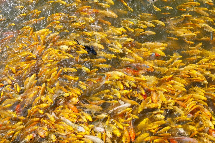 Grupo de peces carpa dorada en el agua