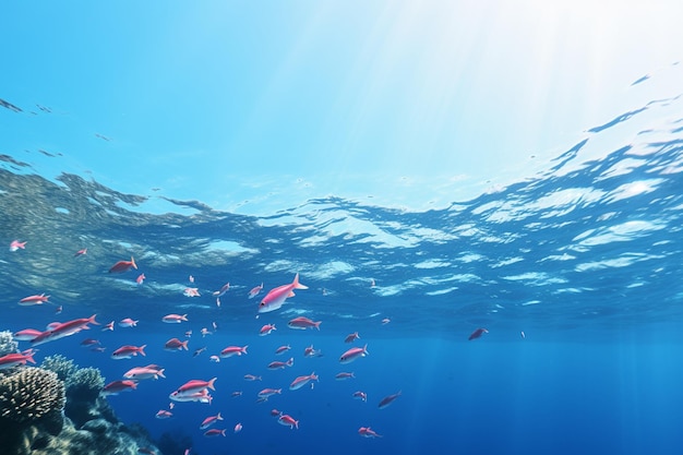 Un grupo de peces coloridos nadando en un océano azul claro