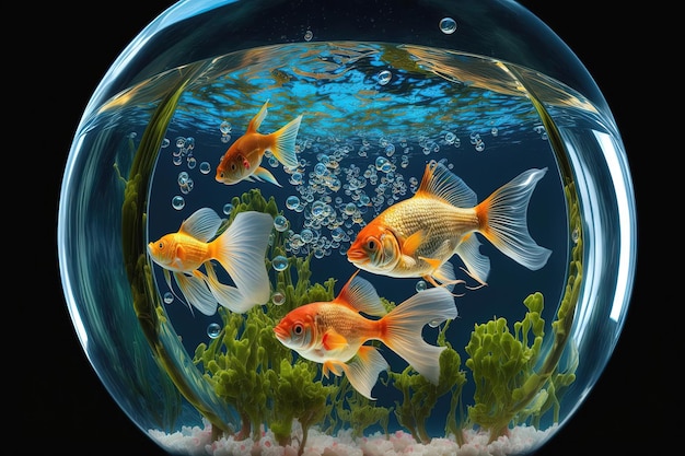Foto grupo de peces dorados nadando en un acuario transparente lleno de agua y plantas acuáticas los peces dorados tienen escamas de color naranja brillante y son de varios tamaños creando una escena animada y dinámica ia generativa