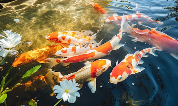 Un grupo de peces koi nadando en un estanque.