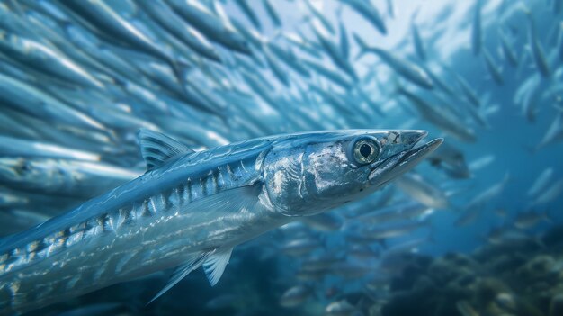 Un grupo de peces nada bajo el agua en un fluido azul eléctrico.