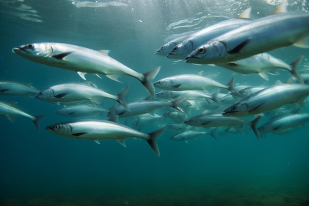 Un grupo de peces nada en el océano.