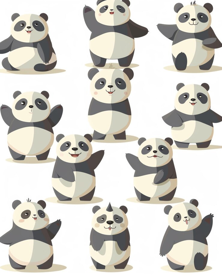 Foto grupo de pegatinas de panda ghiblistyle cada una en diferentes acciones lúdicas de paleta pastel suave fondo blanco