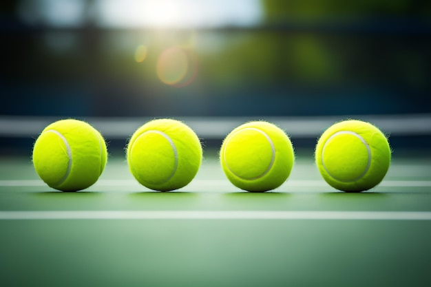 un grupo de pelotas de tenis en una cancha