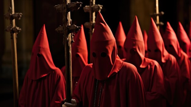 Grupo de penitentes de la Semana Santa con una cruz vestidos con colores vivos