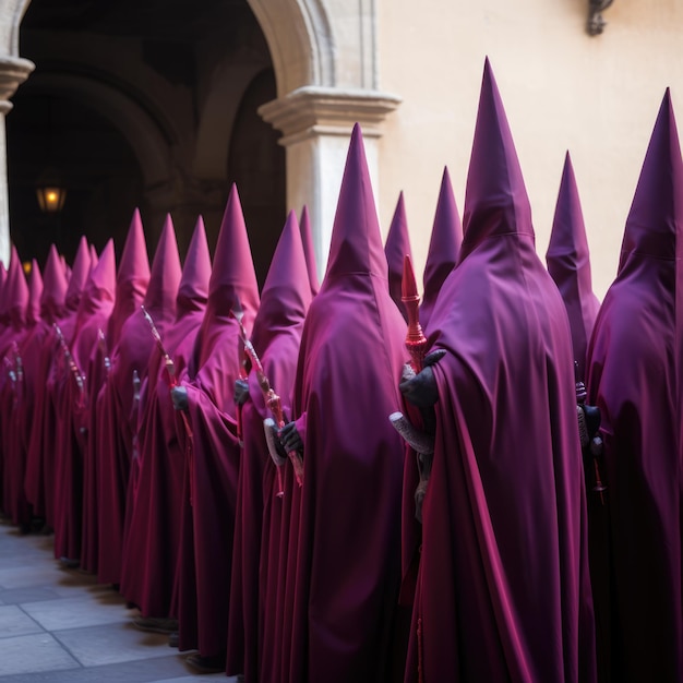 Grupo de penitentes de la Semana Santa con una cruz vestidos con colores vivos