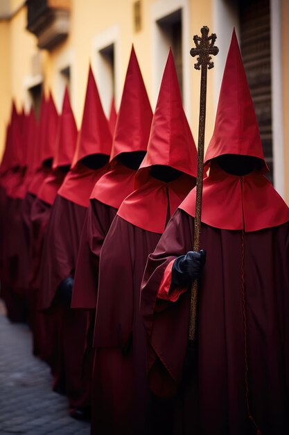 Foto grupo de penitentes de la semana santa con una cruz vestidos con colores vivos