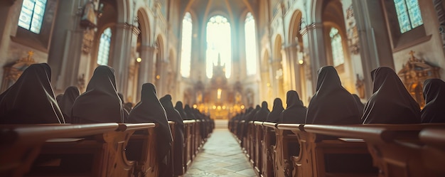 Grupo pensativo de freiras profundamente em oração dentro de uma igreja Conceito Momentos espirituais serenos Devoção e oração Contemplação tranquila Espaços sagrados Reflexão interna