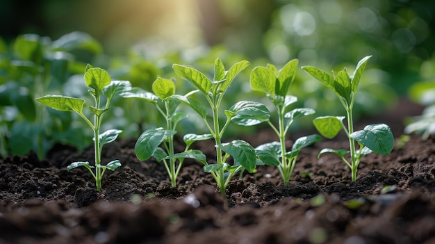 Grupo de pequeñas plantas verdes que crecen en la tierra