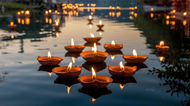 un grupo de pequeñas velas que están flotando en el agua