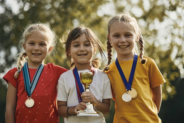 Foto un grupo de pequeños estudiantes con una copa y medallas están felices con la victoria.