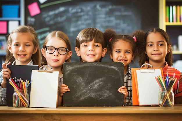 Foto grupo de pequeños estudiantes con pizarra y útiles escolares.