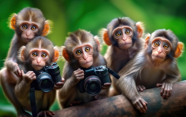 Un grupo de pequeños monos divertidos se sientan en una rama con sus cámaras fotográficas de juguete parodia de fotografía