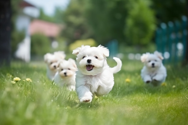 un grupo de pequeños perros blancos corriendo en un campo