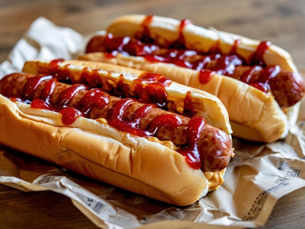 Foto un grupo de perritos calientes con ketchup en ellos