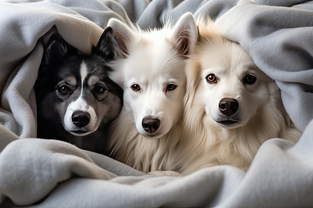 Un grupo de perros acurrucados juntos en un confortable fuerte de mantas