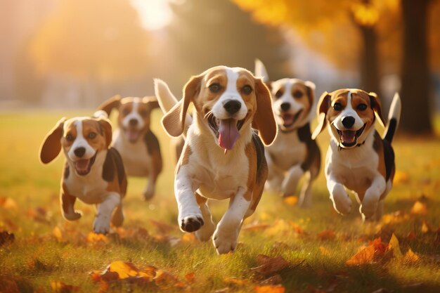 Un grupo de perros beagle lindos y divertidos corriendo y jugando.