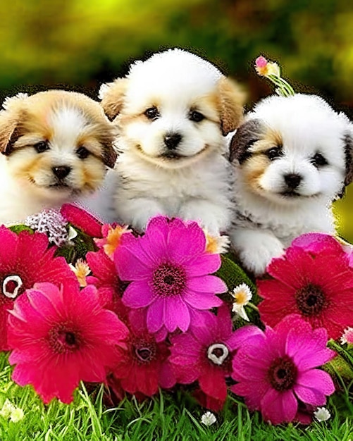 Foto un grupo de perros cachorros lindos juntos con flores