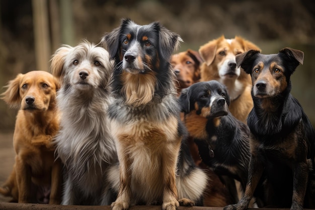 Foto grupo de perros, cada uno mirando en su propia dirección creando una composición llamativa y única