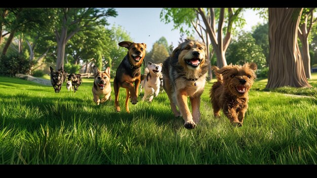 Foto un grupo de perros corriendo en un área de hierba con árboles en el fondo