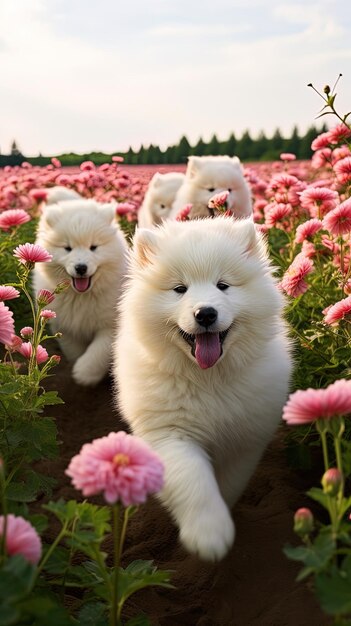 Foto un grupo de perros corriendo en un campo de flores