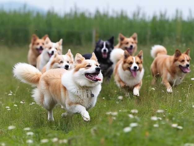 Un grupo de perros corriendo en un campo.