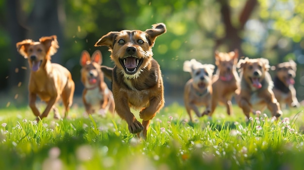 un grupo de perros corriendo en la hierba con las palabras perro corriendo en el fondo