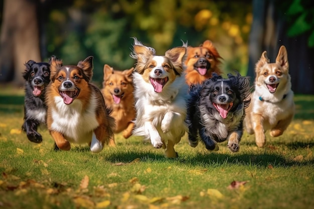 Un grupo de perros corriendo en un parque