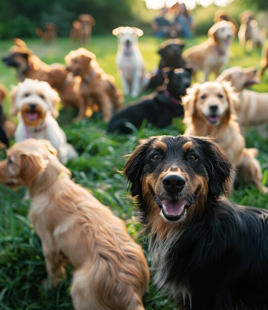 Grupo de perros de diferentes razas en un campo verde