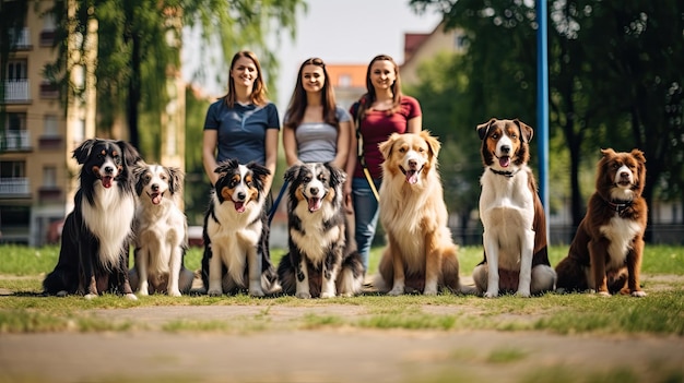 Foto grupo de perros con dueños en clase de obediencia