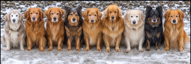 Un grupo de perros están alineados en una fila en el suelo