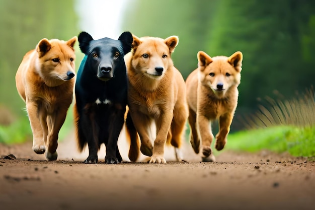 Foto un grupo de perros están caminando por un camino de tierra