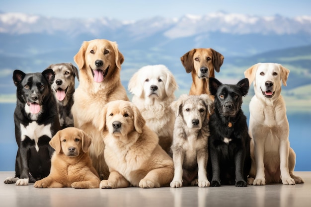 Un grupo de perros están sentados juntos frente a una montaña.