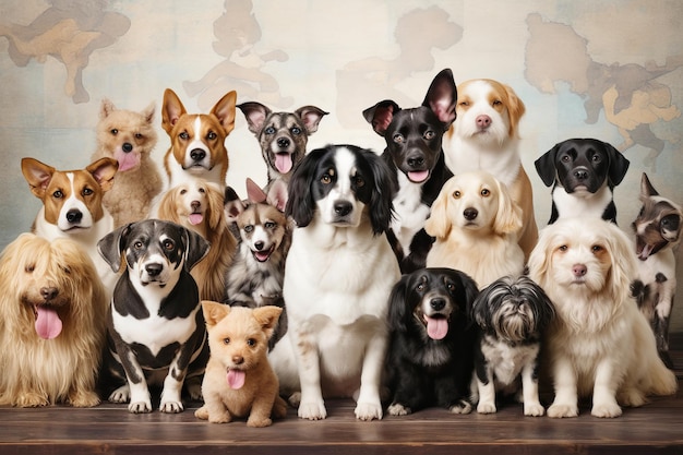 Un grupo de perros están sentados juntos frente a una pared con las palabras 'perros'.