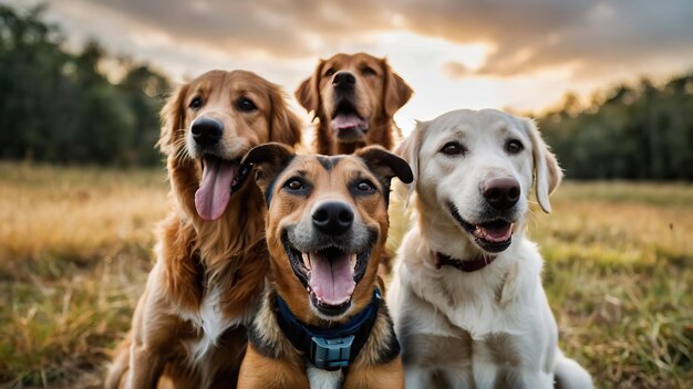 Foto grupo de perros felices posan al aire libre en un entorno natural de montaña