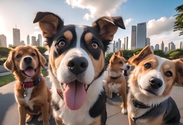 Foto un grupo de perros felices con un primer plano de uno en el frente ai generado