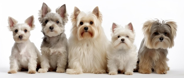 Un grupo de perros frente a un fondo blanco.