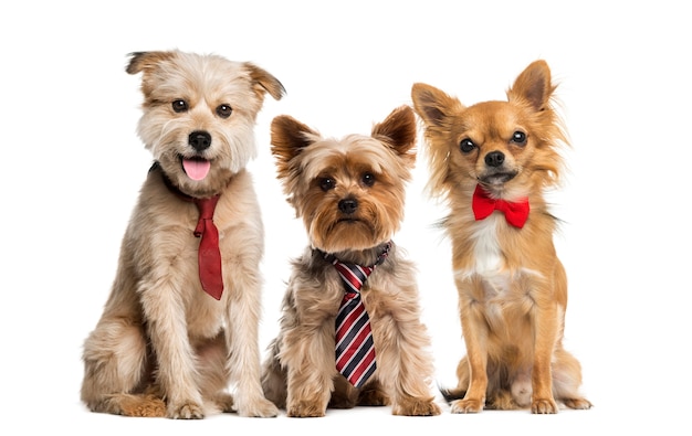 Grupo de perros frente a una pared blanca